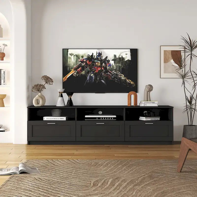 Black 70.87 TV Stand with 3 Open Storage Spaces and 3 Drawers for Living Room