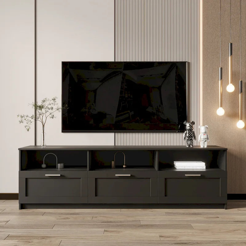Black 70.87 TV Stand with 3 Open Storage Spaces and 3 Drawers for Living Room