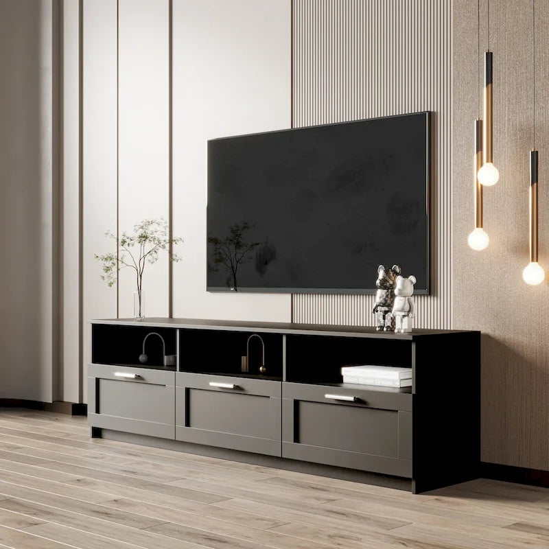 Black 70.87 TV Stand with 3 Open Storage Spaces and 3 Drawers for Living Room