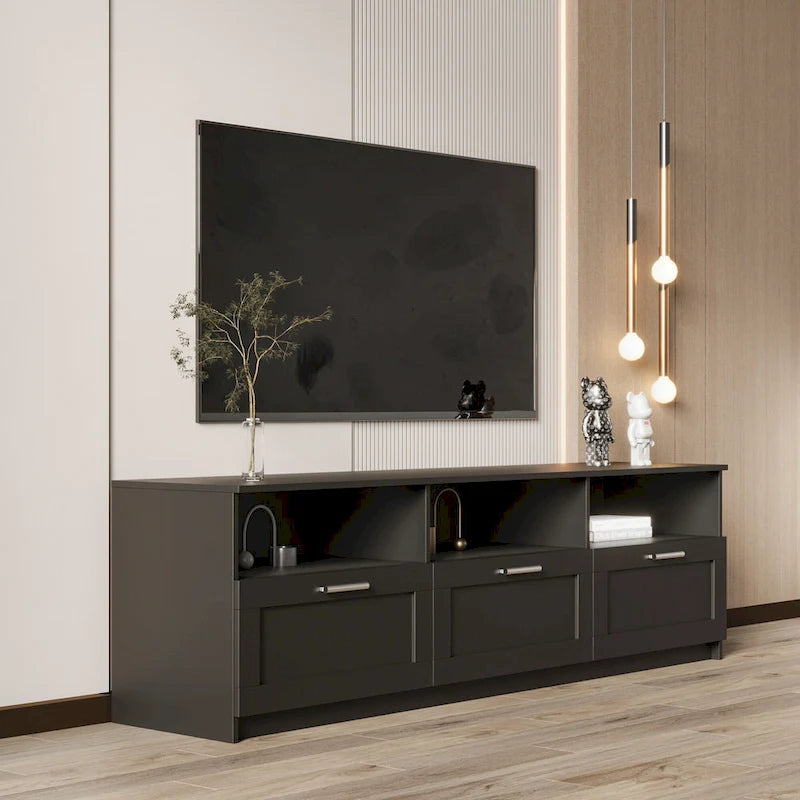 Black 70.87 TV Stand with 3 Open Storage Spaces and 3 Drawers for Living Room