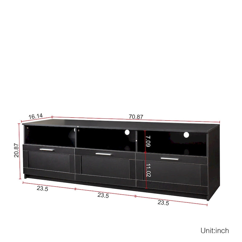 Black 70.87 TV Stand with 3 Open Storage Spaces and 3 Drawers for Living Room