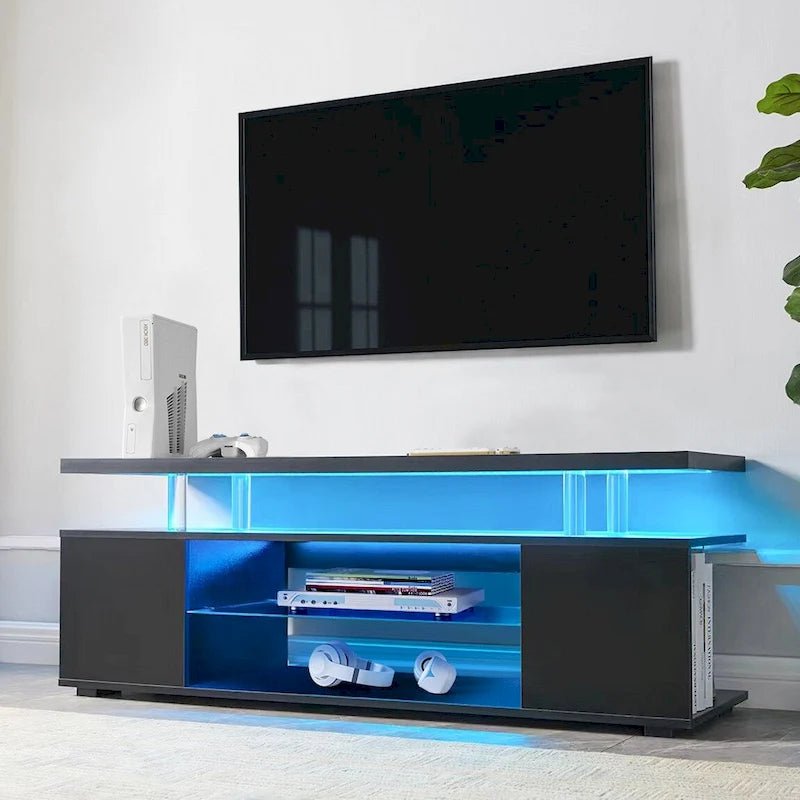 Black 51 TV Stand with LED & Open Storage for 70 TVs