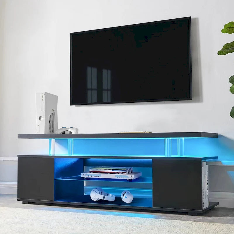 Black 51 TV Stand with LED & Open Storage for 70 TVs
