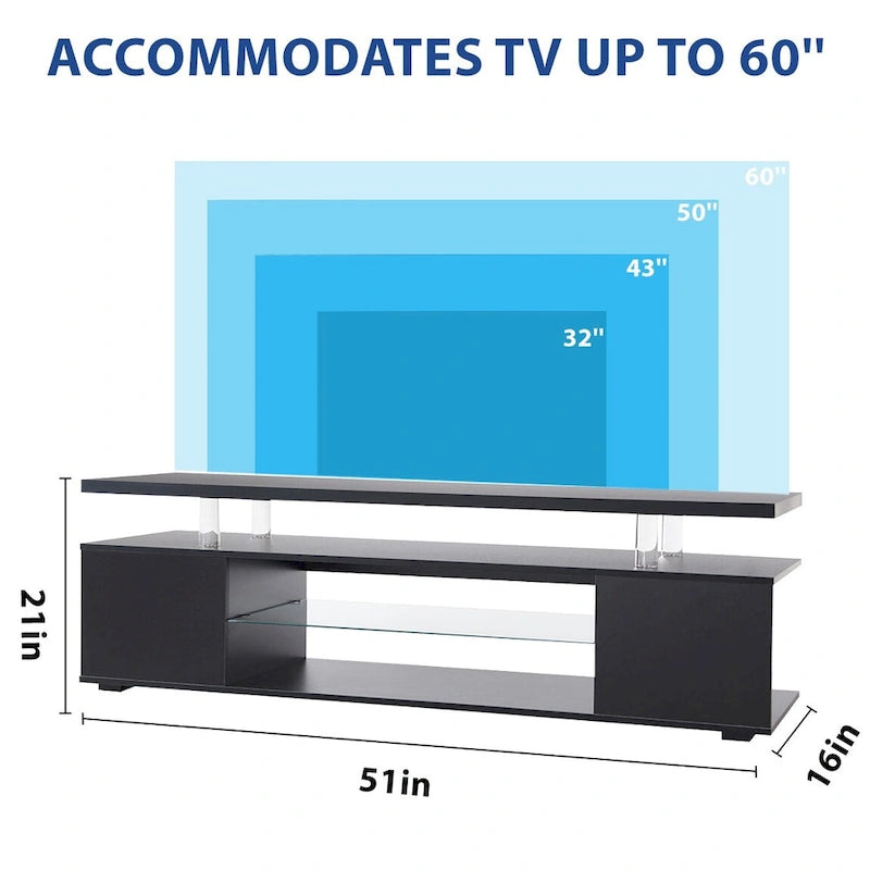 Black 51 TV Stand with LED & Open Storage for 70 TVs
