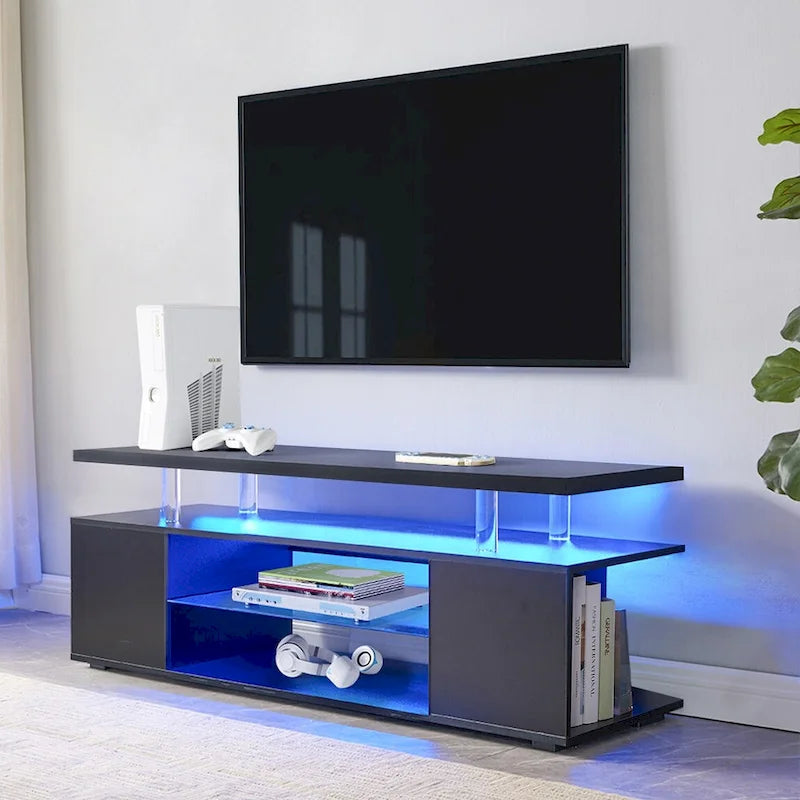 Black 51 TV Stand with LED & Open Storage for 70 TVs