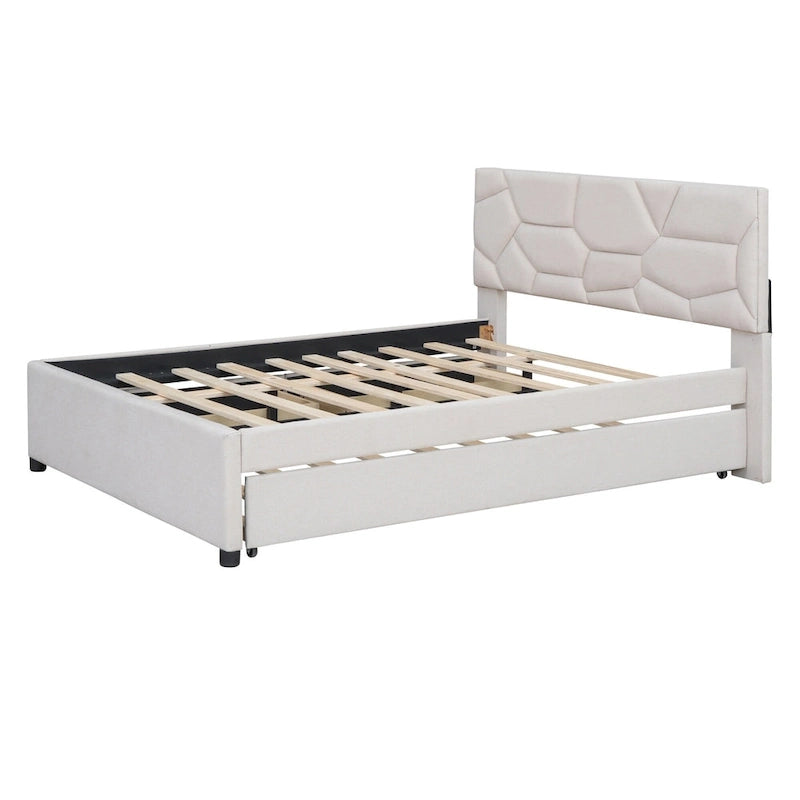 Beige Full Size Linen Platform Bed with Brick Pattern Headboard, Trundle, and Storage Drawers