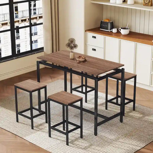 5-Piece Industrial Bar Table Set with Rectangular Table & 4 Chairs