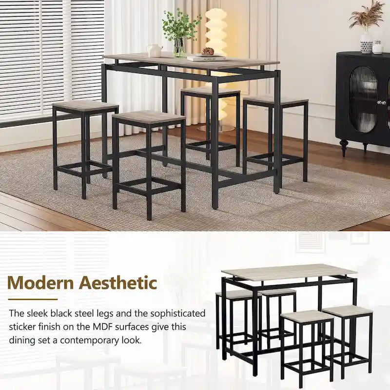 5-Piece Industrial Bar Table Set with Rectangular Table & 4 Chairs