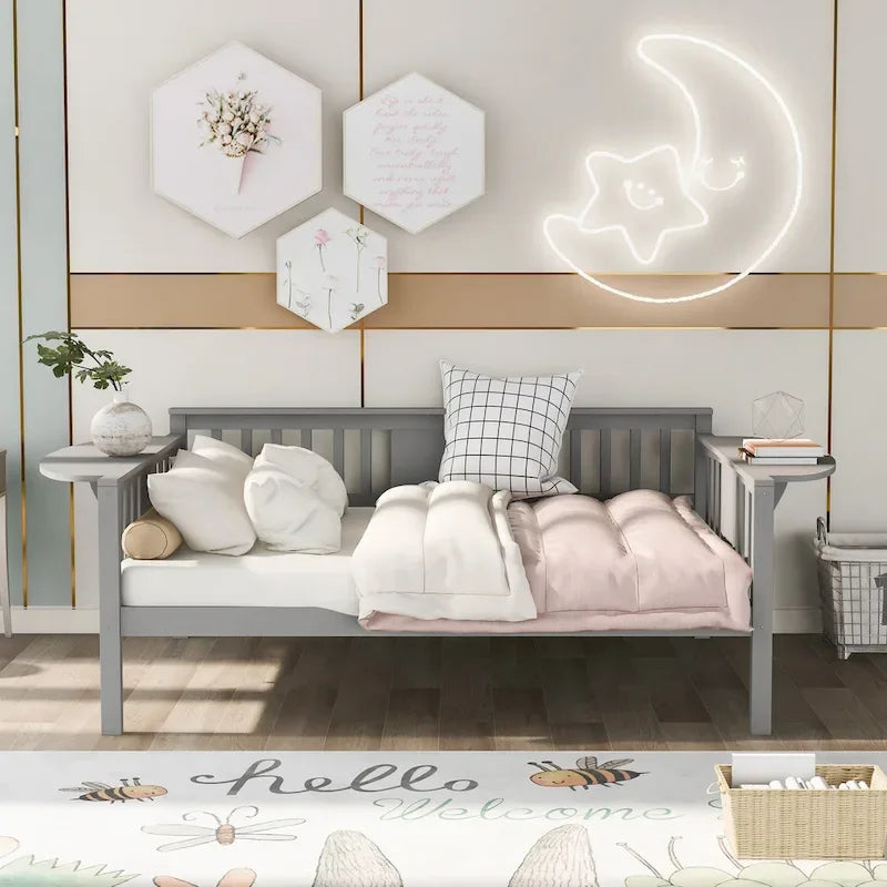 Grey Full Size Wooden Daybed with Storage Rack Handrail - No Box Spring Needed