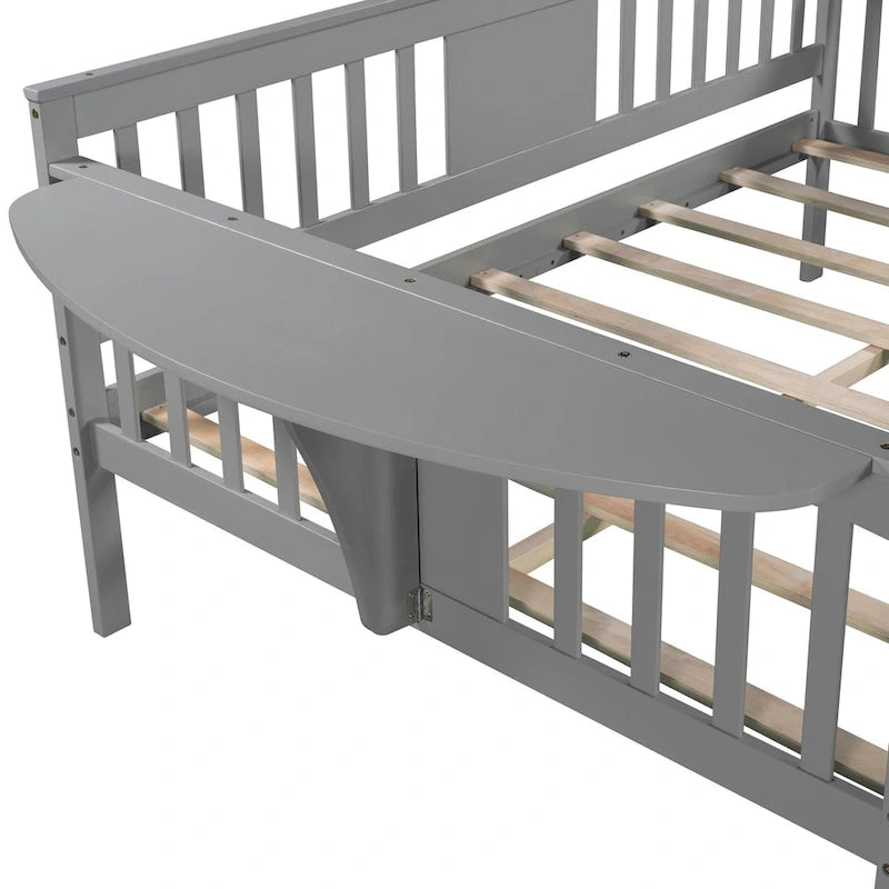Grey Full Size Wooden Daybed with Storage Rack Handrail - No Box Spring Needed