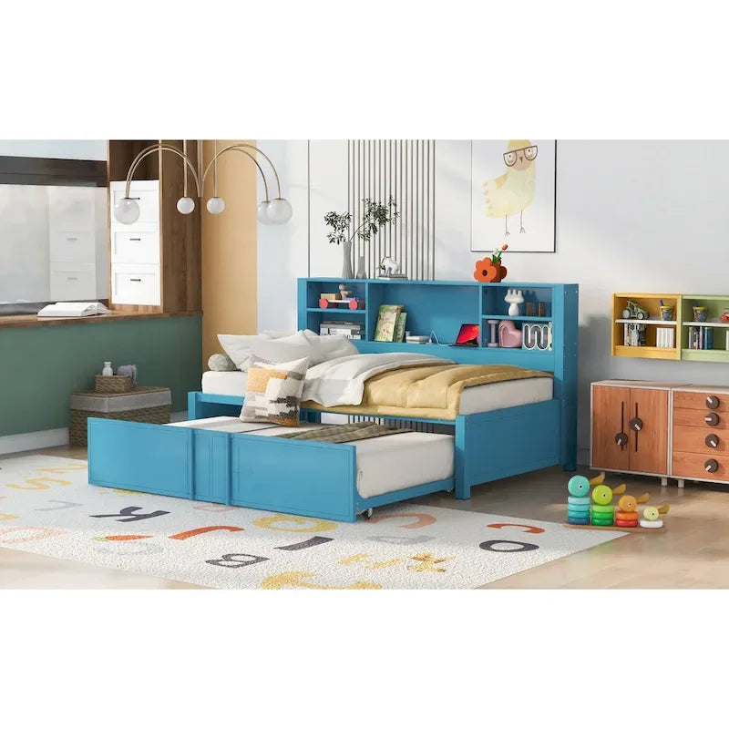 Blue Metal Twin Daybed with Trundle, Storage Shelves, and USB Ports - No Box Spring Needed