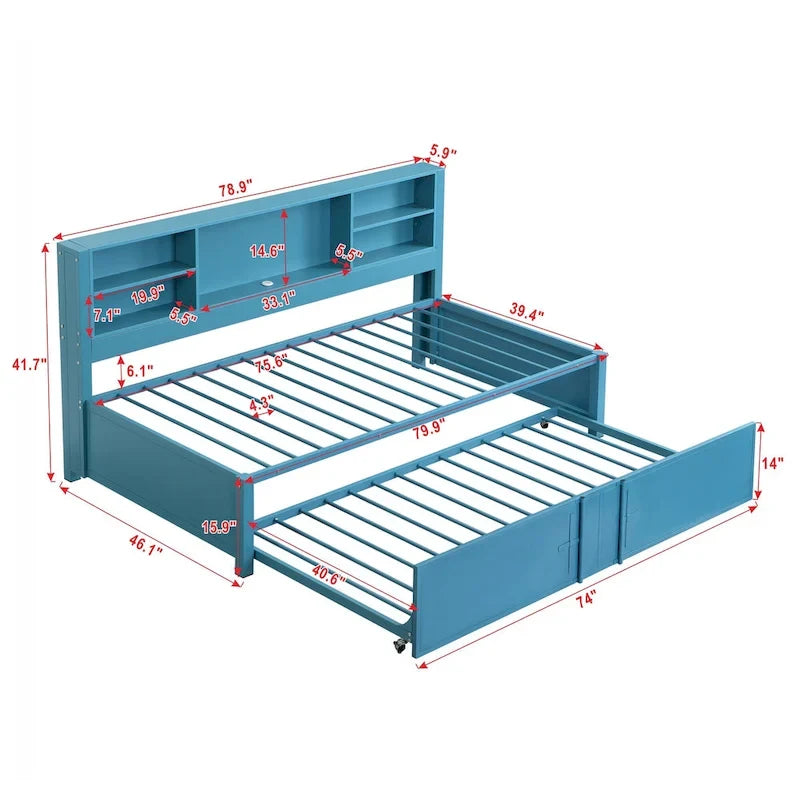 Blue Metal Twin Daybed with Trundle, Storage Shelves, and USB Ports - No Box Spring Needed