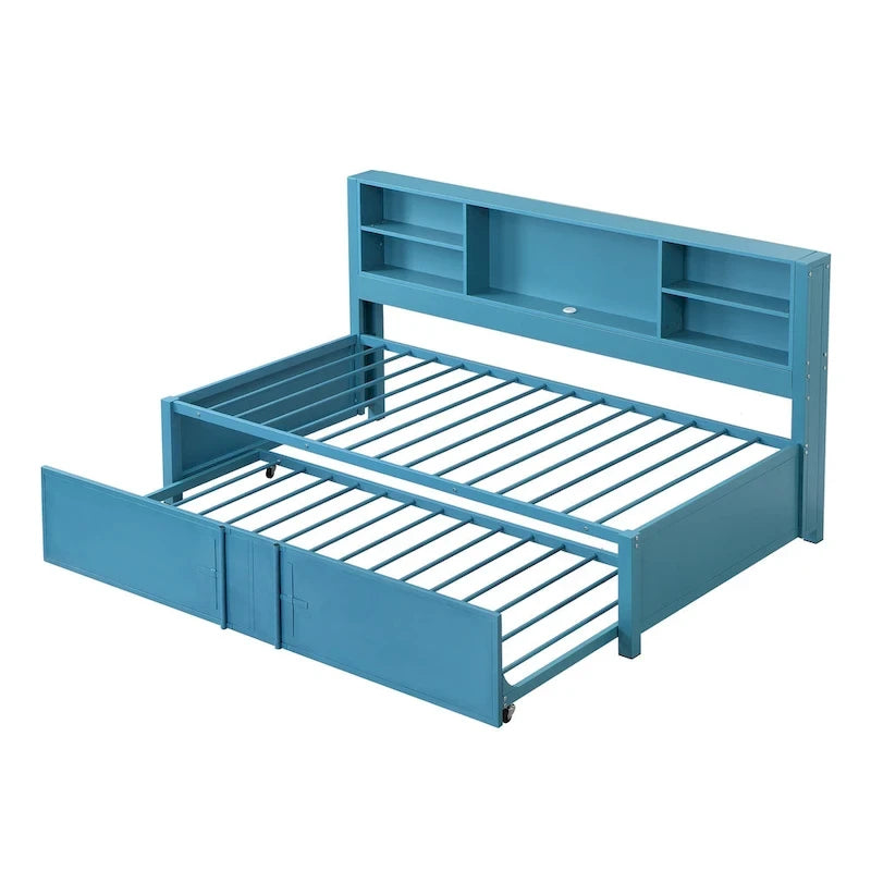 Blue Metal Twin Daybed with Trundle, Storage Shelves, and USB Ports - No Box Spring Needed