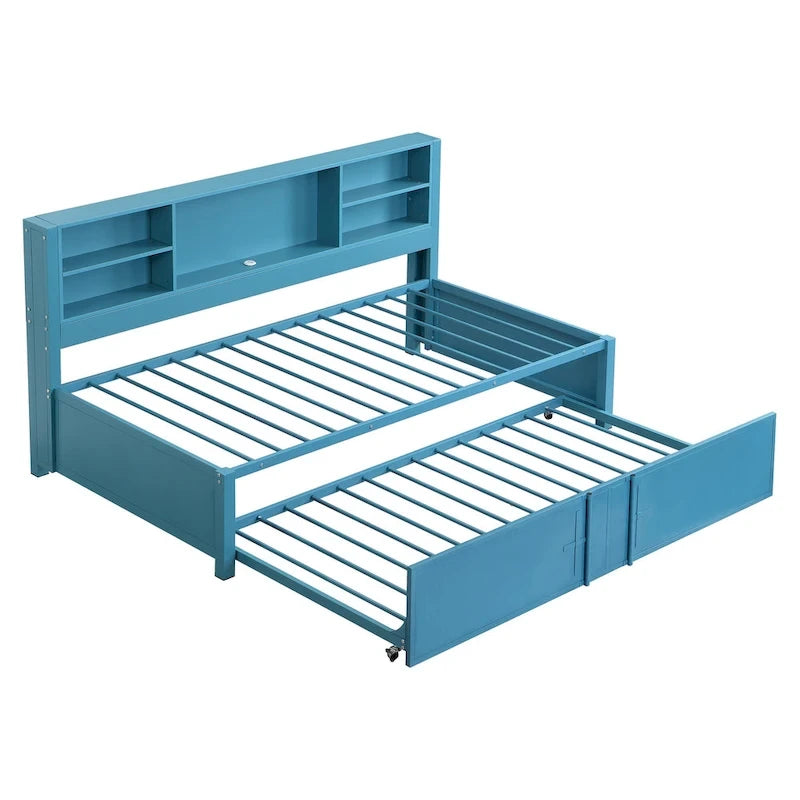 Blue Metal Twin Daybed with Trundle, Storage Shelves, and USB Ports - No Box Spring Needed