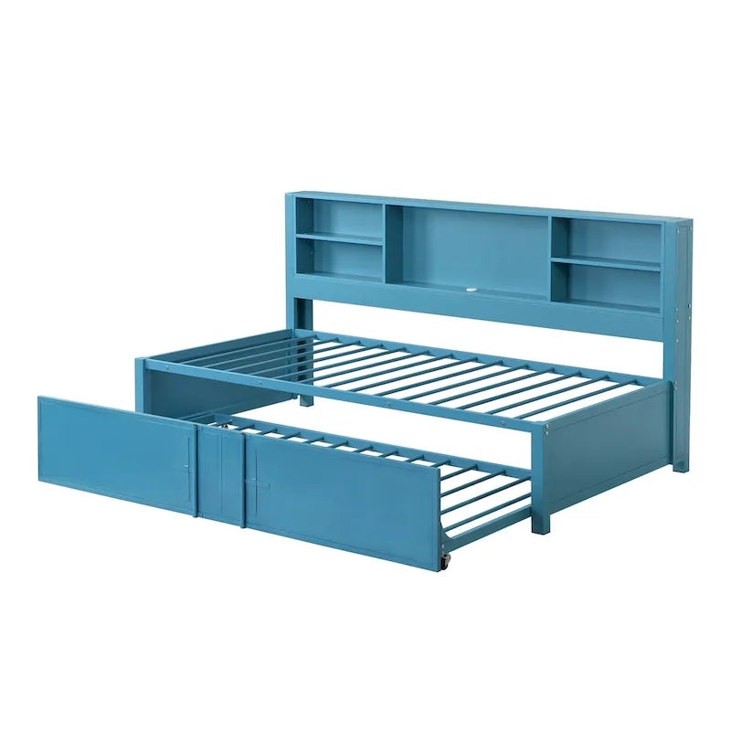 Blue Metal Twin Daybed with Trundle, Storage Shelves, and USB Ports - No Box Spring Needed
