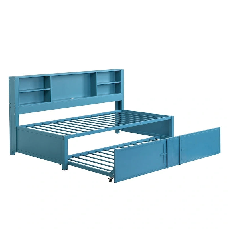 Blue Metal Twin Daybed with Trundle, Storage Shelves, and USB Ports - No Box Spring Needed