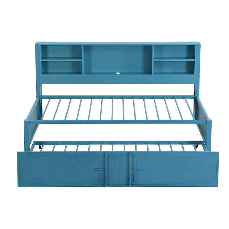 Blue Metal Twin Daybed with Trundle, Storage Shelves, and USB Ports - No Box Spring Needed