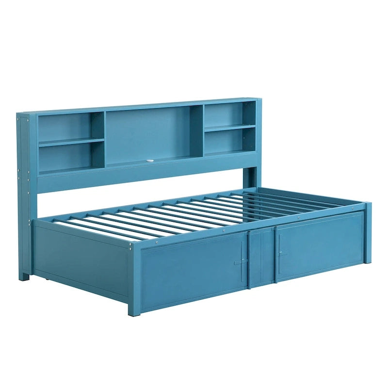 Blue Metal Twin Daybed with Trundle, Storage Shelves, and USB Ports - No Box Spring Needed