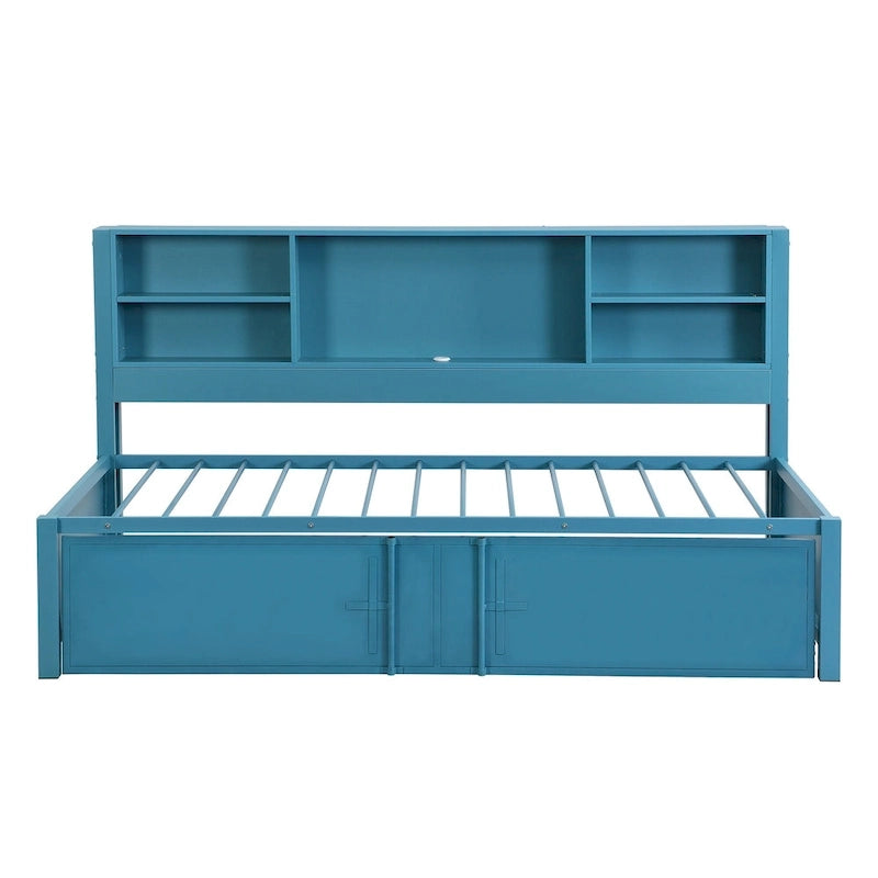 Blue Metal Twin Daybed with Trundle, Storage Shelves, and USB Ports - No Box Spring Needed