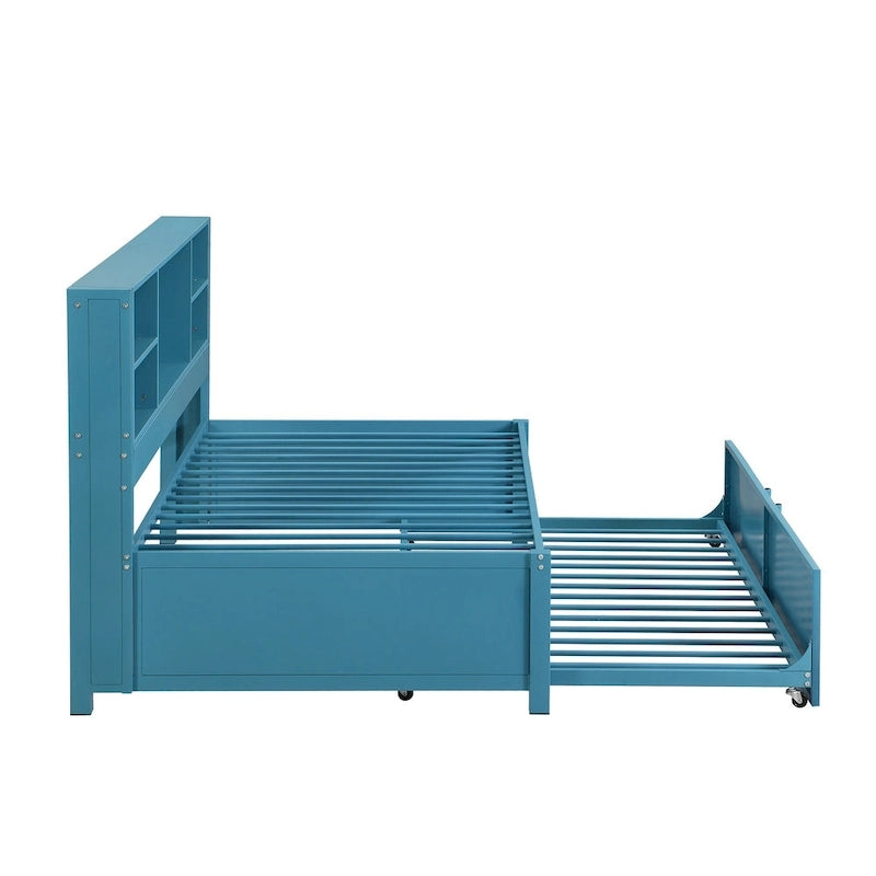 Blue Metal Twin Daybed with Trundle, Storage Shelves, and USB Ports - No Box Spring Needed