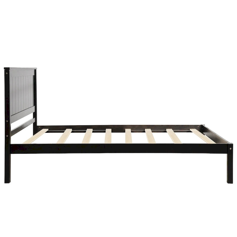 Black Pine Wood Twin Platform Bed Frame with Headboard - Wood Slat Support, No Box Spring Needed, Space-Saving Design