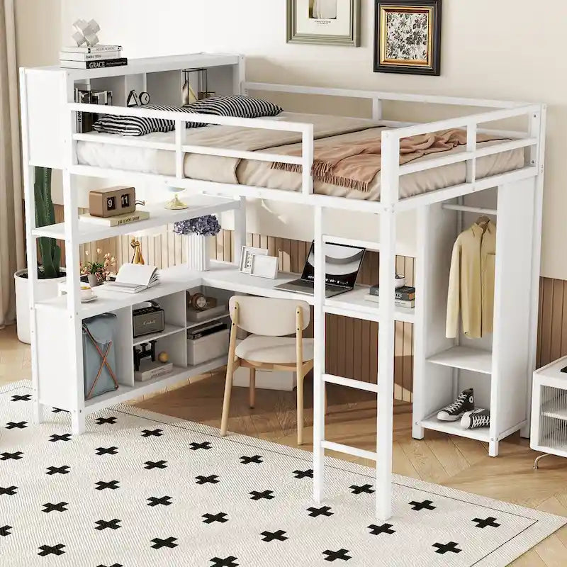 Off White Full Size Metal Loft Bed with Wardrobe, L-shaped Desk, and Storage Cubes