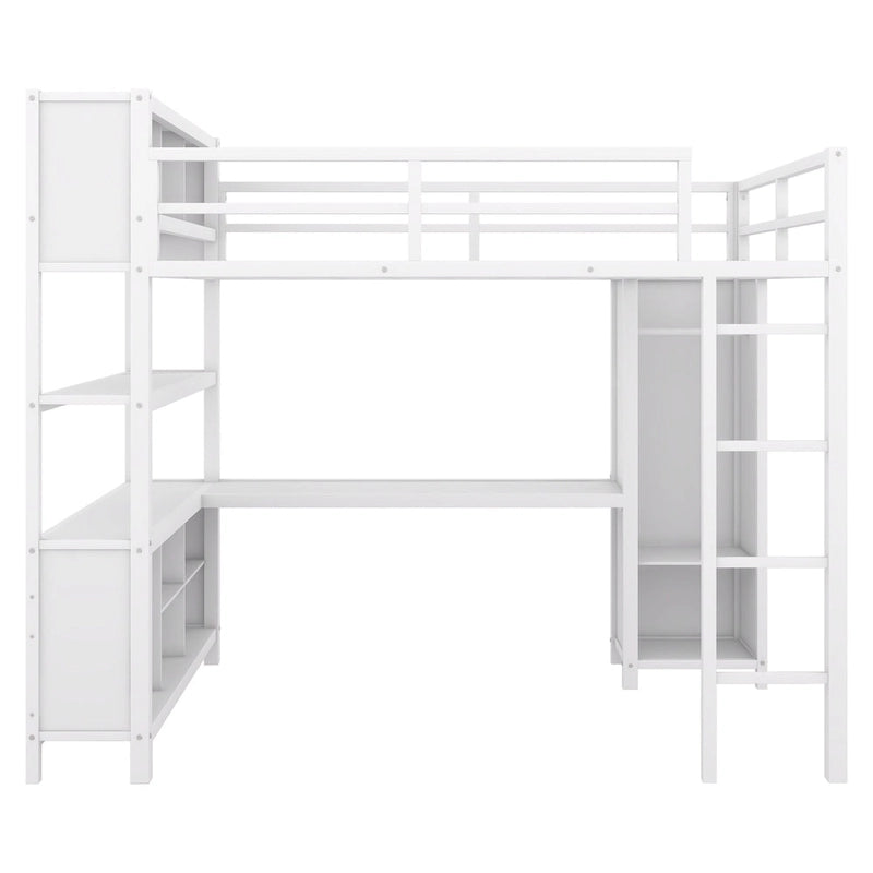 Off White Full Size Metal Loft Bed with Wardrobe, L-shaped Desk, and Storage Cubes