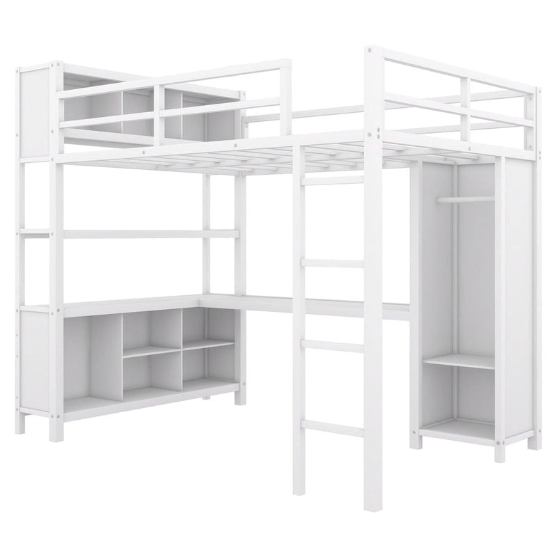 Off White Full Size Metal Loft Bed with Wardrobe, L-shaped Desk, and Storage Cubes