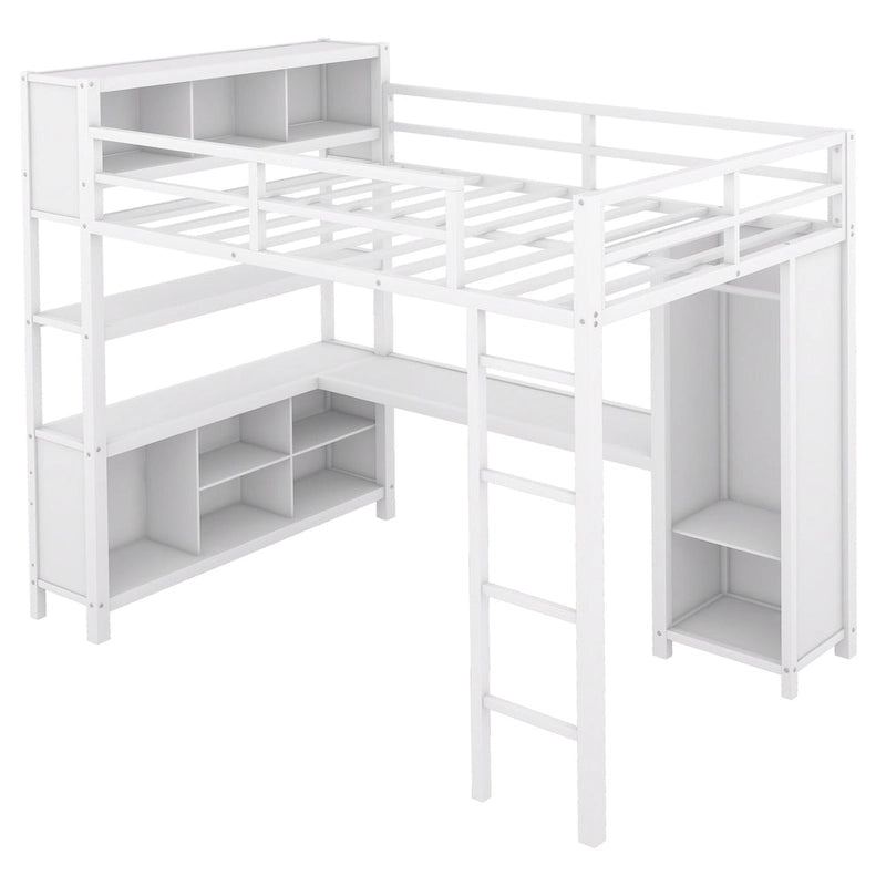 Off White Full Size Metal Loft Bed with Wardrobe, L-shaped Desk, and Storage Cubes