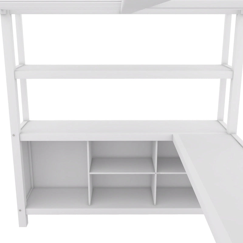 Off White Full Size Metal Loft Bed with Wardrobe, L-shaped Desk, and Storage Cubes