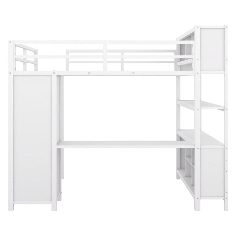 Off White Full Size Metal Loft Bed with Wardrobe, L-shaped Desk, and Storage Cubes