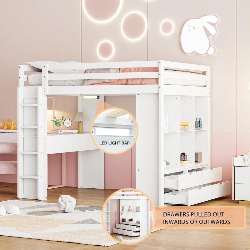 White Full Size Solid Wood Loft Bed with large shelves, writing desk and LED Light for Bedroom