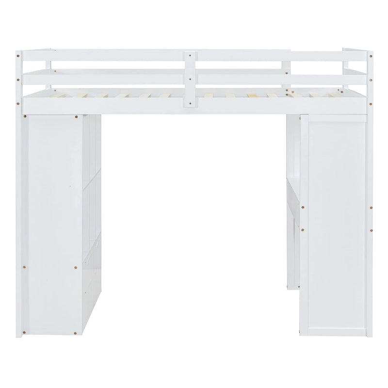 White Full Size Solid Wood Loft Bed with large shelves, writing desk and LED Light for Bedroom
