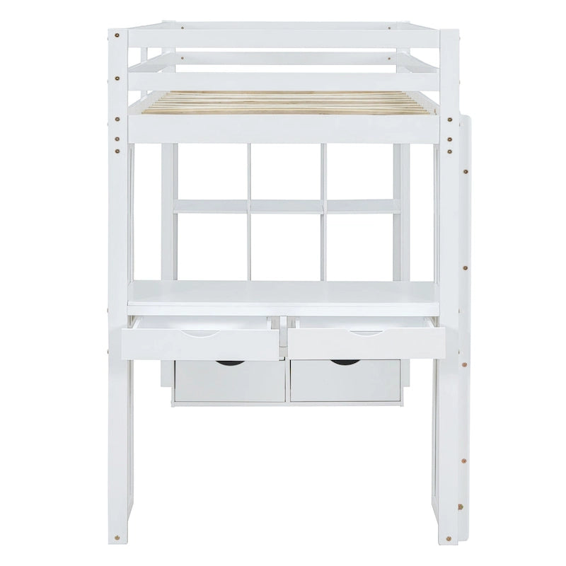 White Full Size Solid Wood Loft Bed with large shelves, writing desk and LED Light for Bedroom