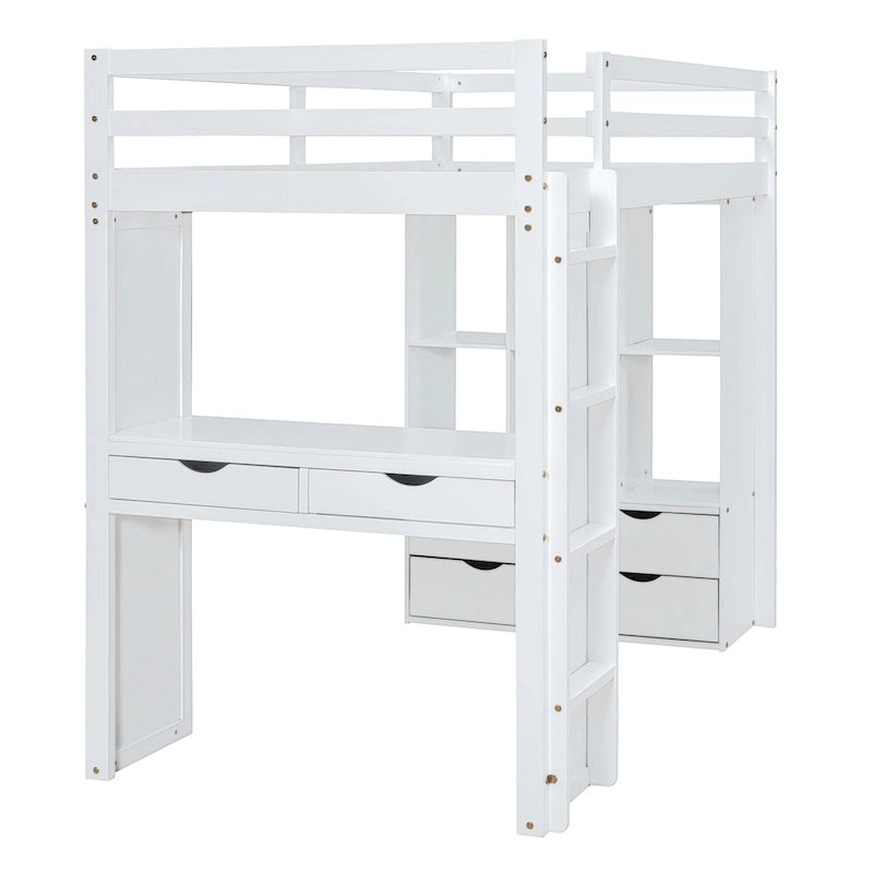 White Full Size Solid Wood Loft Bed with large shelves, writing desk and LED Light for Bedroom