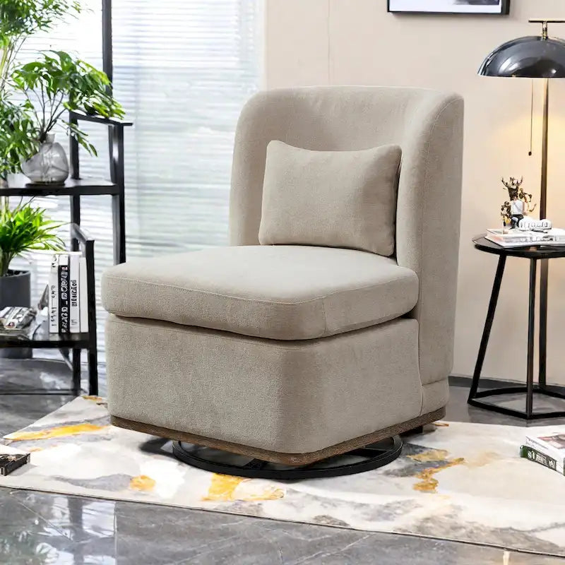 Chenille 360 Swivel Armless Chair with Metal Base, High-Density Foam Cushion, and Included Pillow