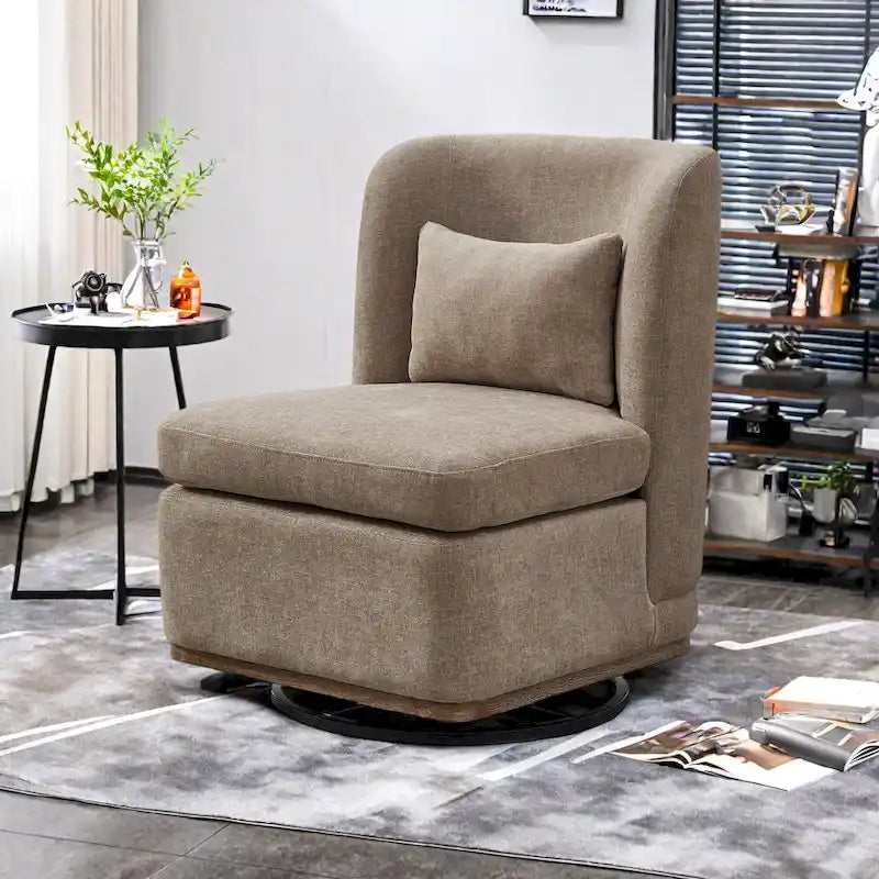 Chenille 360 Swivel Armless Chair with Metal Base, High-Density Foam Cushion, and Included Pillow