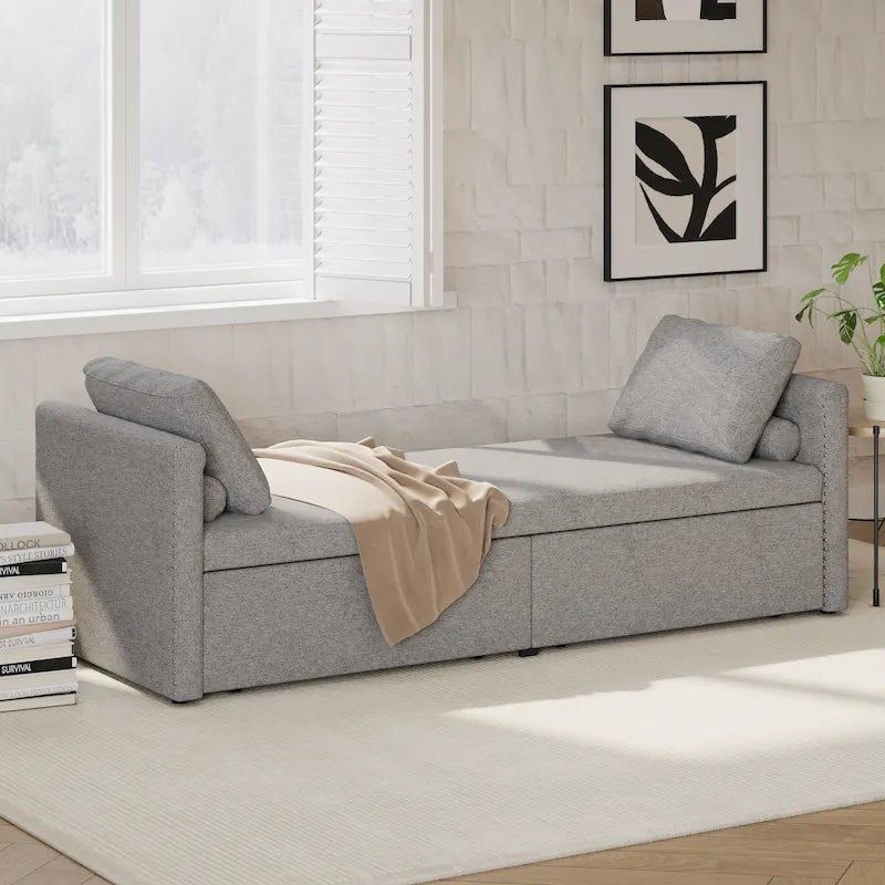 Modern 81.5 Linen Upholstered Chaise Lounger Daybed with Pillows and 2 Drawers for Living Room