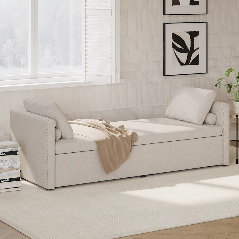 Modern 81.5 Linen Upholstered Chaise Lounger Daybed with Pillows and 2 Drawers for Living Room