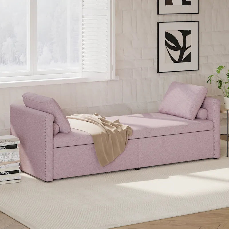 Modern 81.5 Linen Upholstered Chaise Lounger Daybed with Pillows and 2 Drawers for Living Room