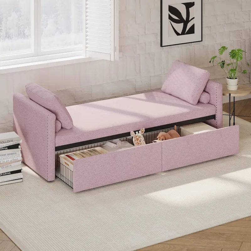 Modern 81.5 Linen Upholstered Chaise Lounger Daybed with Pillows and 2 Drawers for Living Room