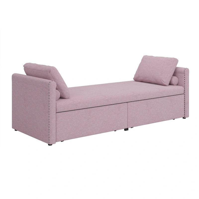 Modern 81.5 Linen Upholstered Chaise Lounger Daybed with Pillows and 2 Drawers for Living Room