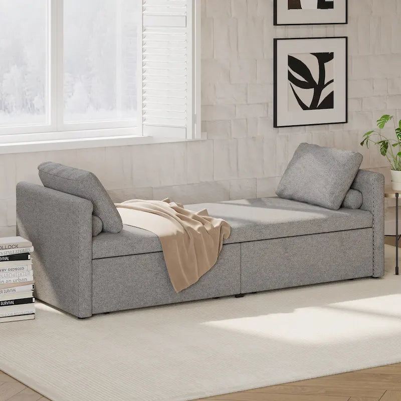Modern 81.5 Linen Upholstered Chaise Lounger Daybed with Pillows and 2 Drawers for Living Room