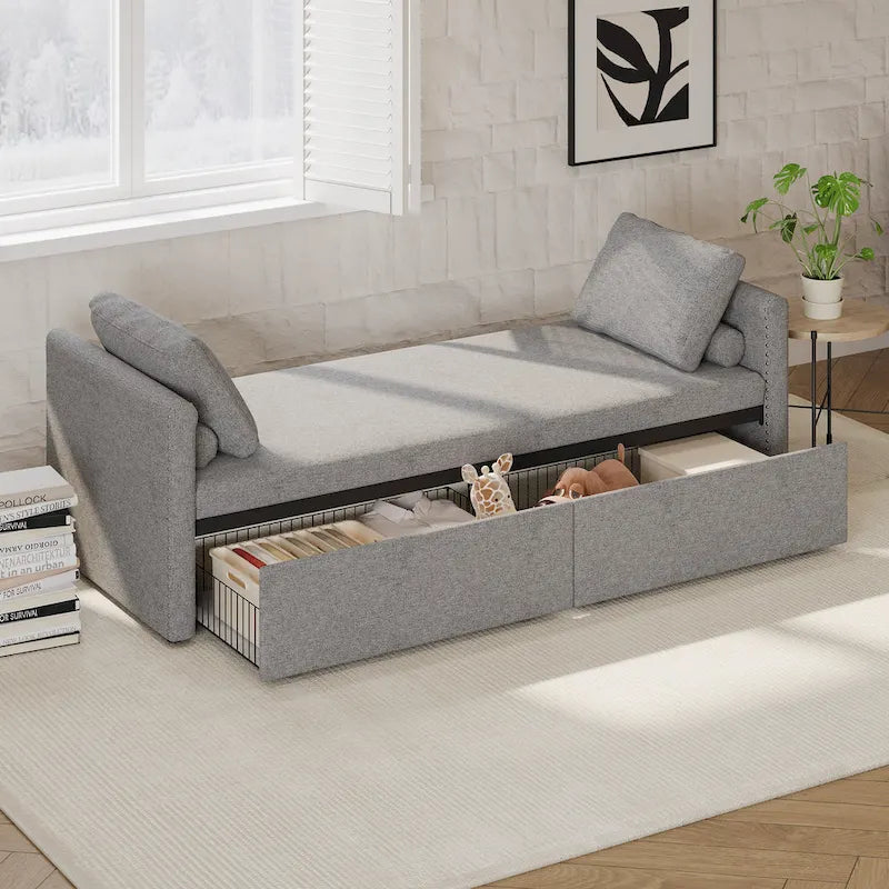 Modern 81.5 Linen Upholstered Chaise Lounger Daybed with Pillows and 2 Drawers for Living Room