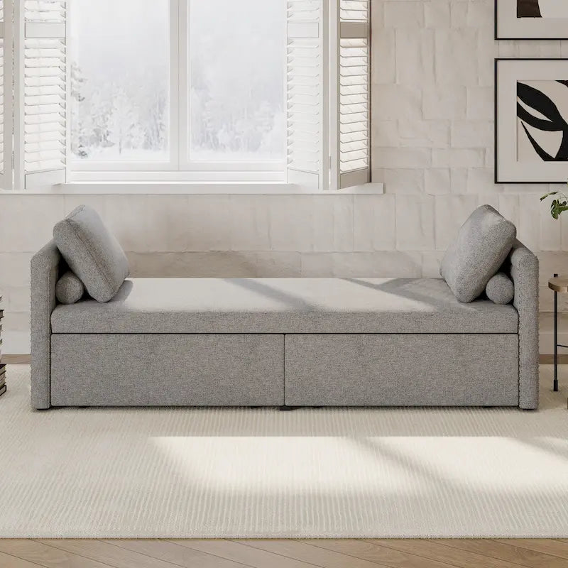 Modern 81.5 Linen Upholstered Chaise Lounger Daybed with Pillows and 2 Drawers for Living Room