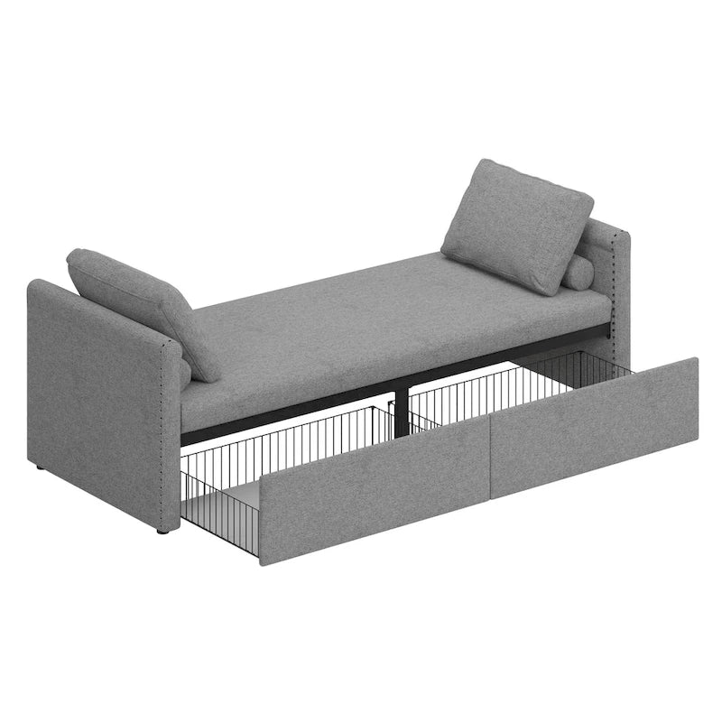 Modern 81.5 Linen Upholstered Chaise Lounger Daybed with Pillows and 2 Drawers for Living Room