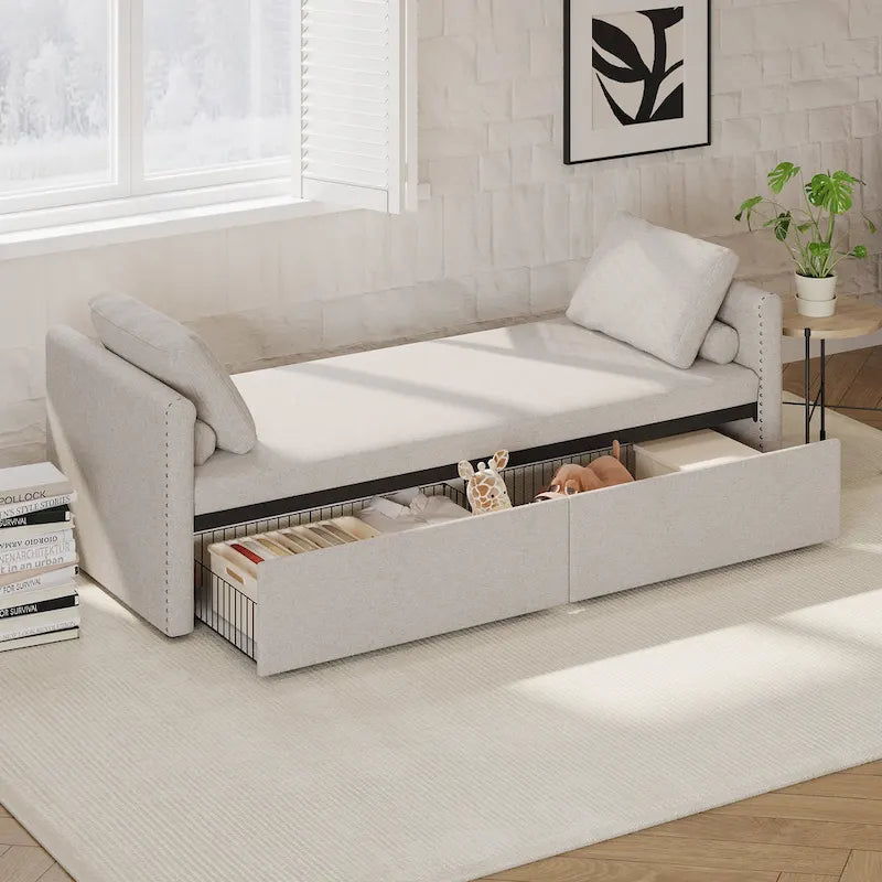 Modern 81.5 Linen Upholstered Chaise Lounger Daybed with Pillows and 2 Drawers for Living Room