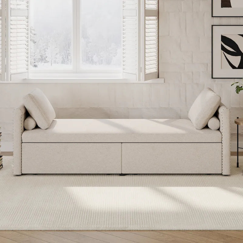 Modern 81.5 Linen Upholstered Chaise Lounger Daybed with Pillows and 2 Drawers for Living Room