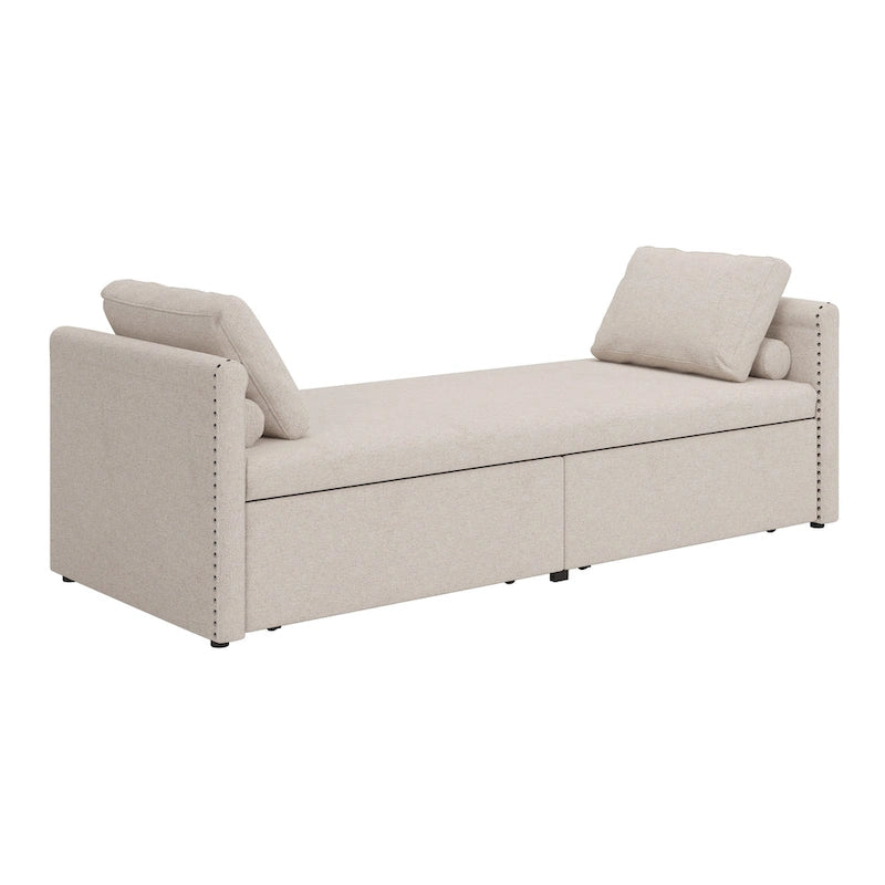 Modern 81.5 Linen Upholstered Chaise Lounger Daybed with Pillows and 2 Drawers for Living Room