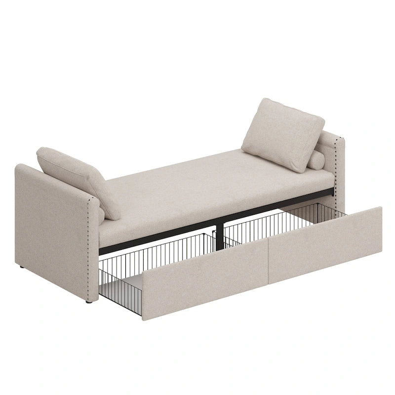 Modern 81.5 Linen Upholstered Chaise Lounger Daybed with Pillows and 2 Drawers for Living Room